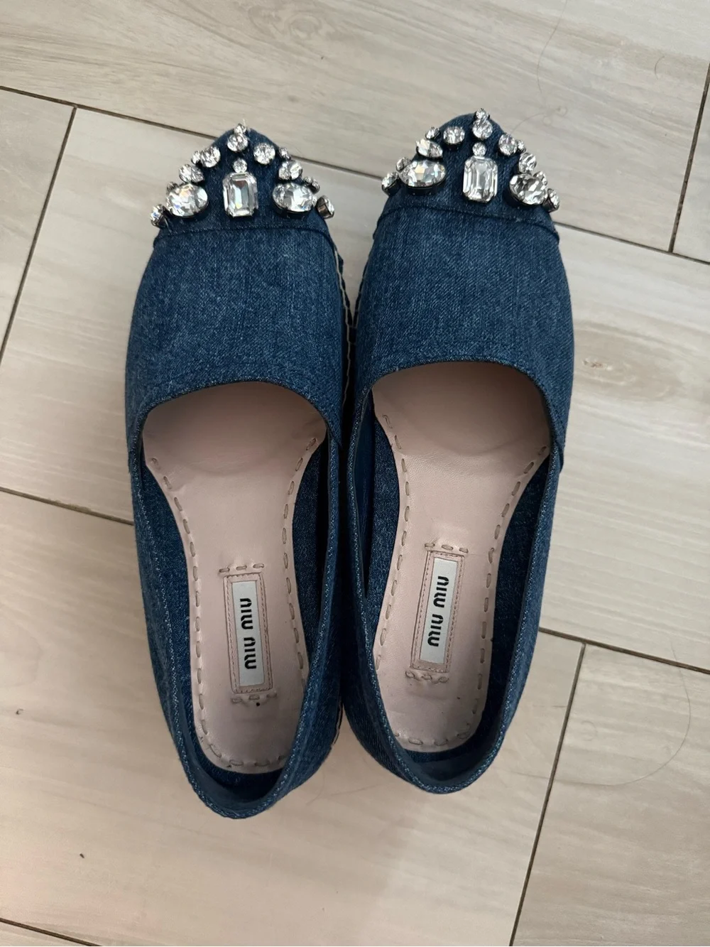 Miu Miu Denim Crystal-Embellished Ballet Flats - Blue 39.5